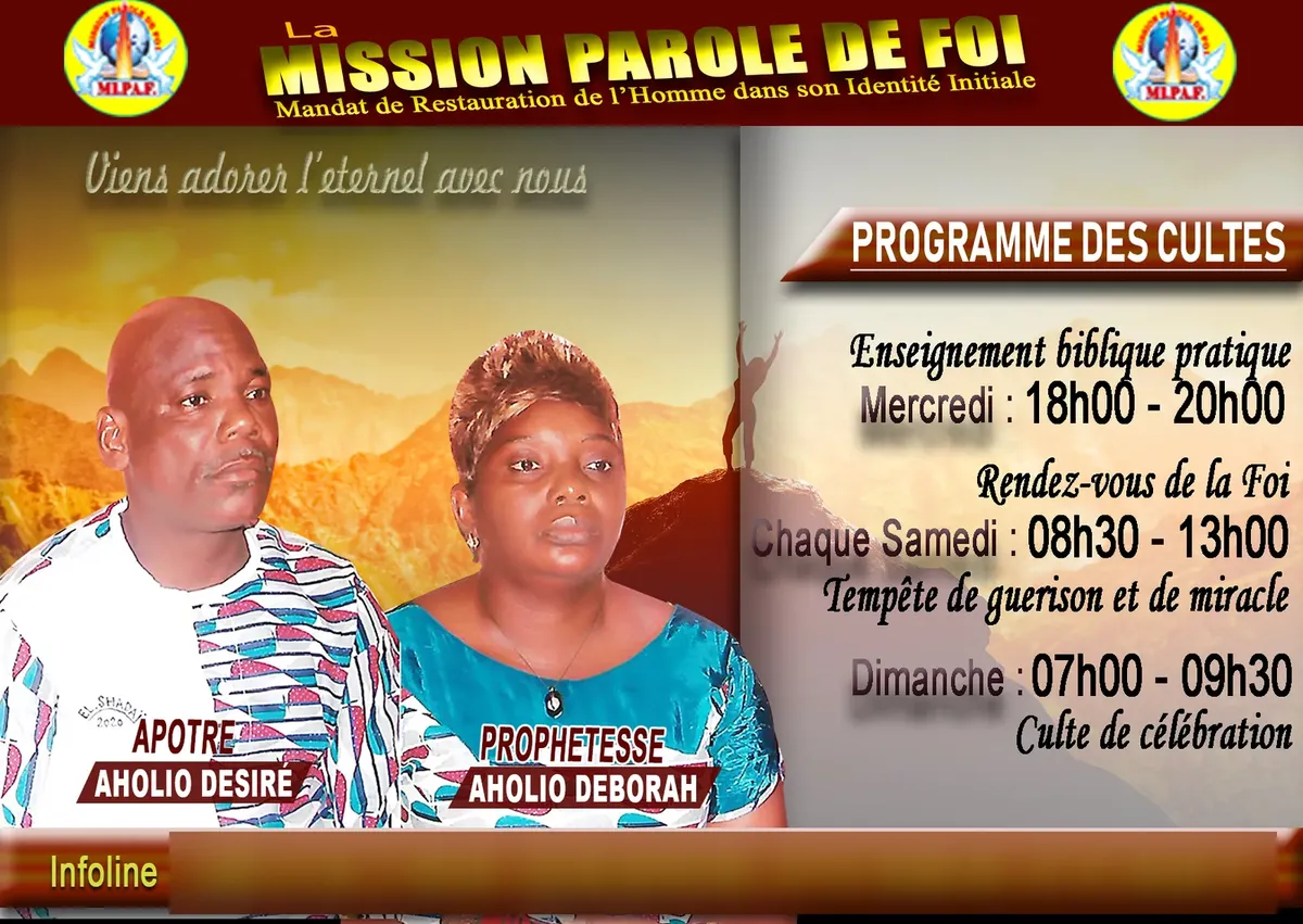 Affiche — programme des cultes, Mission Parole de Foi